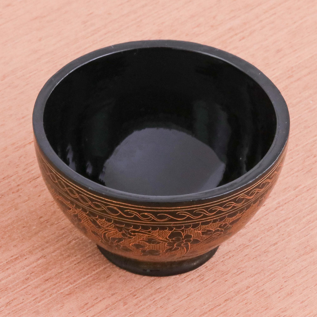 Handcrafted Brown and Black Lacquered Bowl from Thailand - Brown Floral Forest