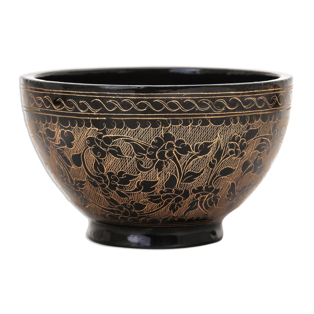 Handcrafted Brown and Black Lacquered Bowl from Thailand - Brown Floral Forest