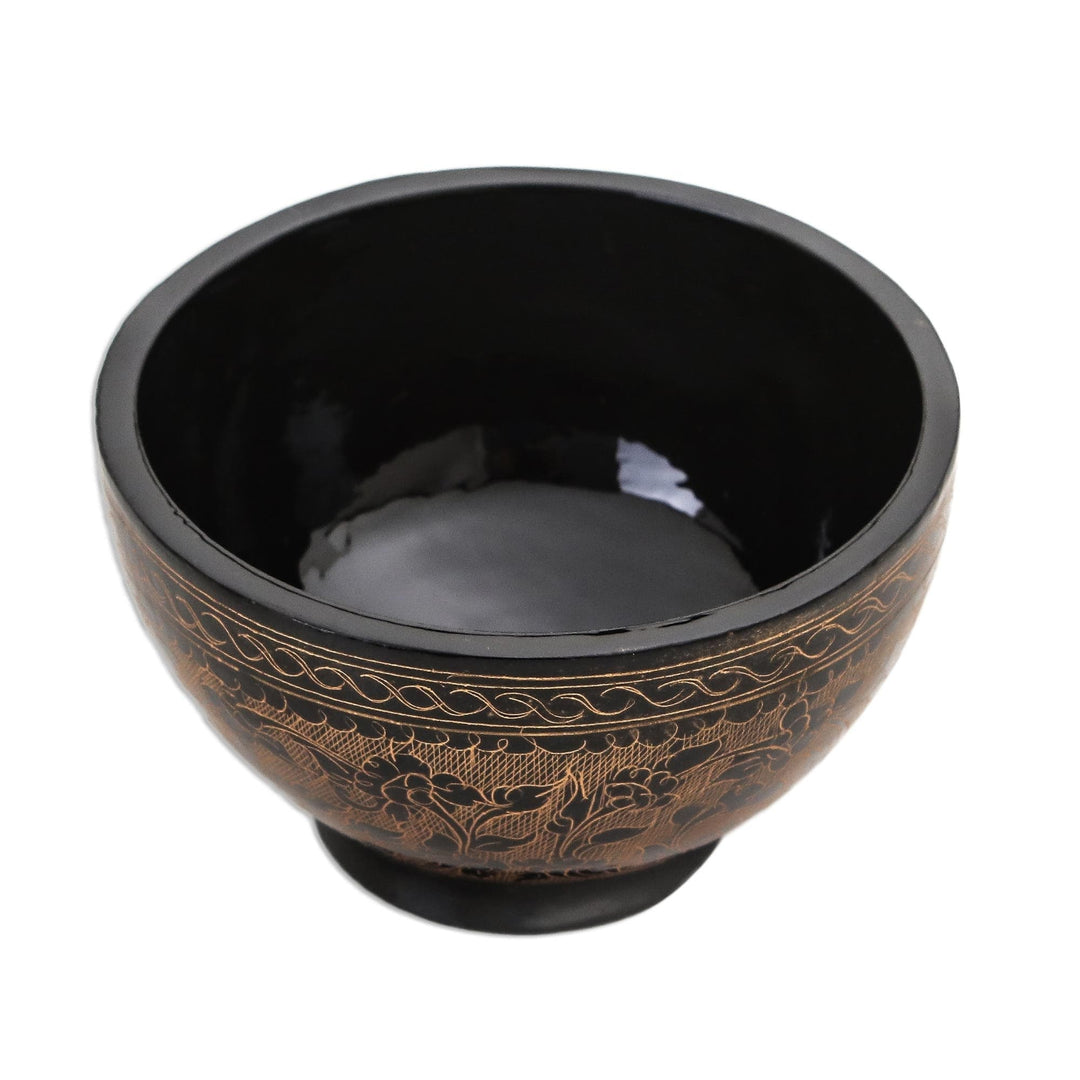 Handcrafted Brown and Black Lacquered Bowl from Thailand - Brown Floral Forest