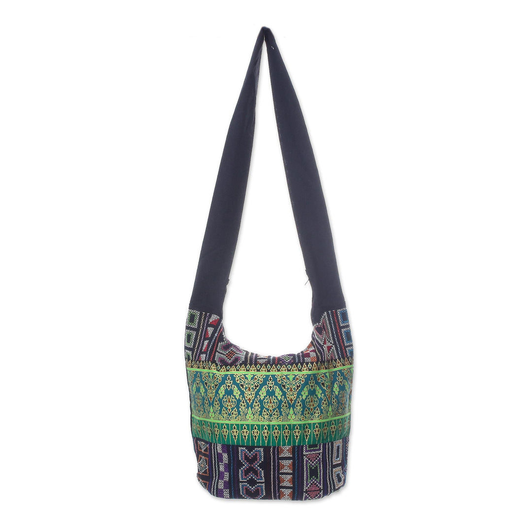 Black and Multi-Color Patterned Cotton Blend Shoulder Bag - Vibrant Gardens