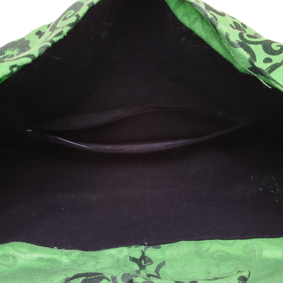 Spring Green Floral and Vine Motif 100% Cotton Shoulder Bag - Pretty Tendrils