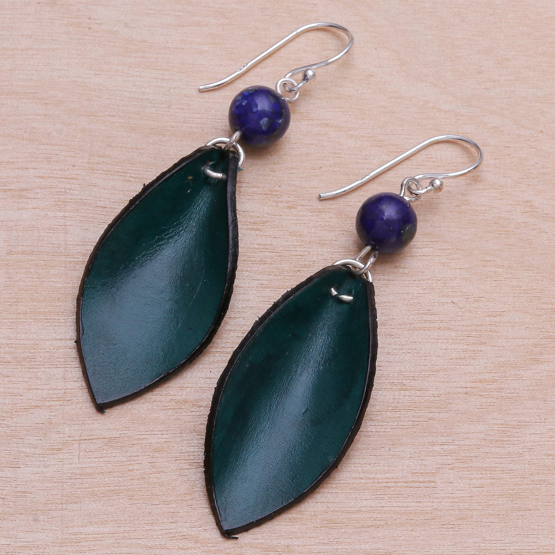 Blue-Green Leather and Lapis Lazuli Earrings - Supple Petals in Teal
