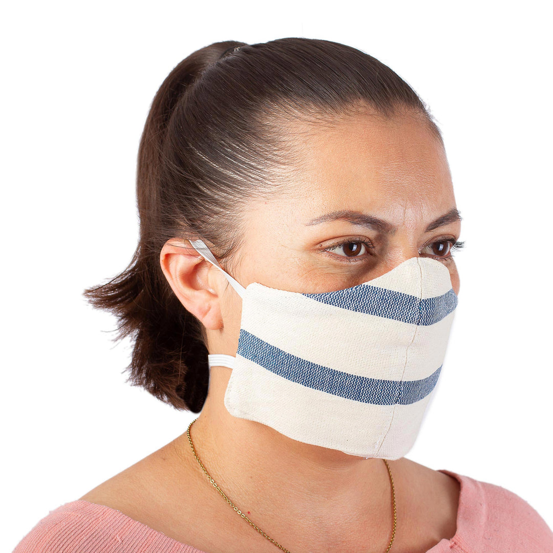2 Handwoven Ivory and Blue Cotton Elastic Band Face Masks - Quiet Serenity