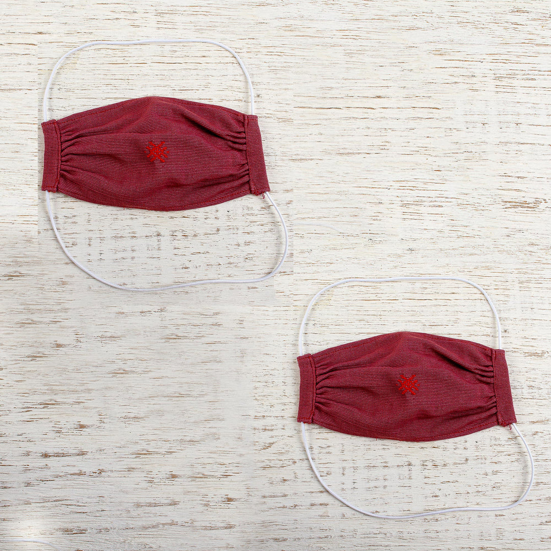 2 Handwoven Embroidered Burgundy Cotton Face Masks - Burgundy Berry