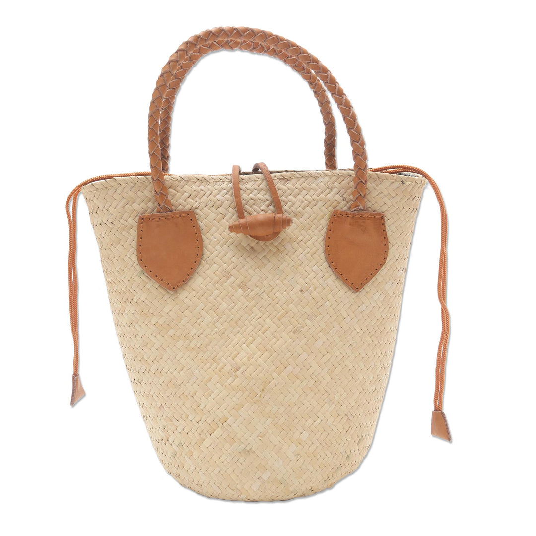 Natural Rattan Handbag with Tan Leather Trim - Sunda Simplicity
