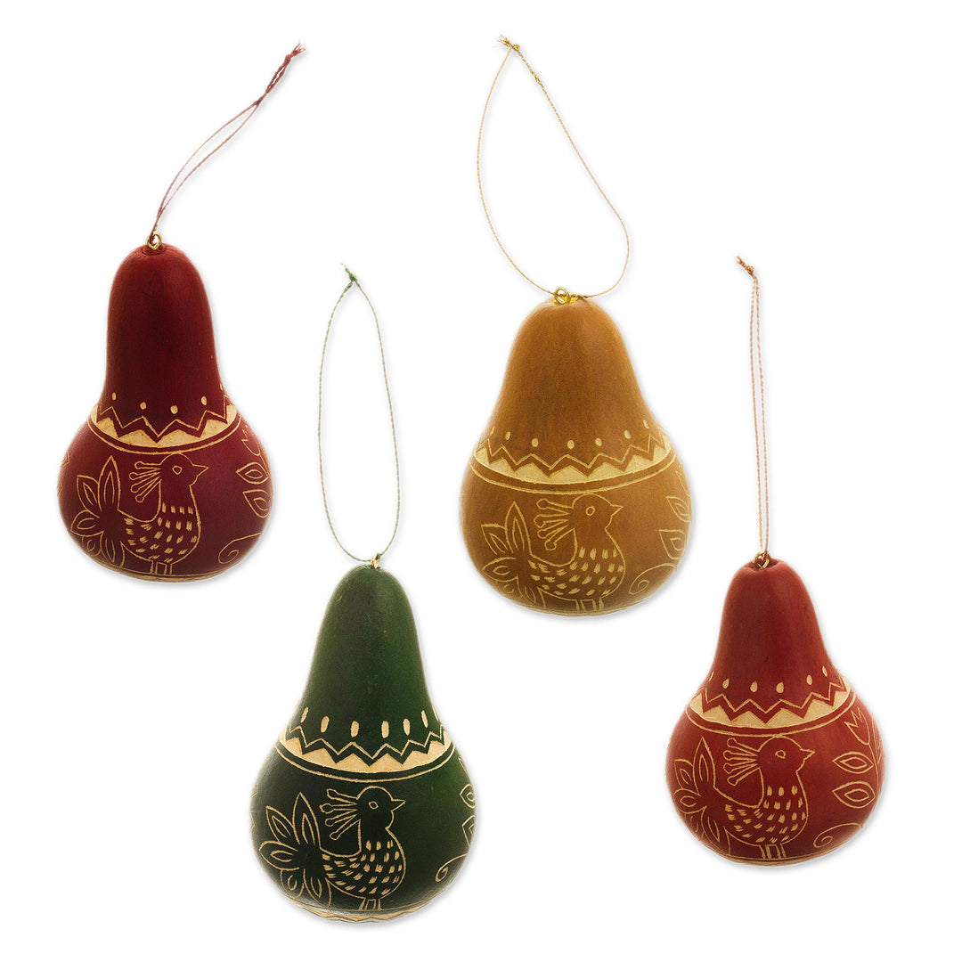 Set of 4 Dried Gourd Peacock Ornaments from Peru - Andean Peacocks