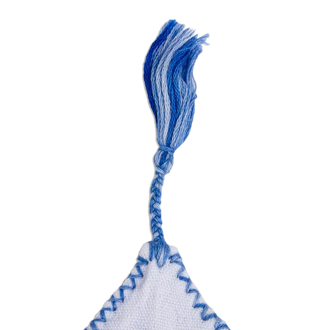 Handwoven White Cotton Bookmark with Blue Embroidery - San Cristobal Skies