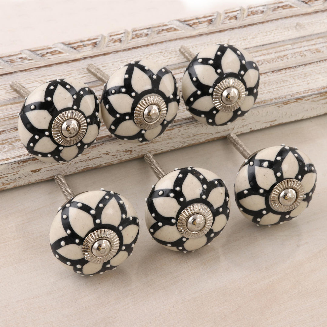 Set of 6 Floral Ceramic Knobs from India - Blooming Magic