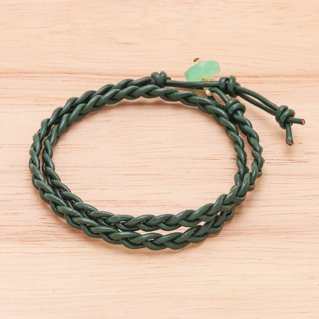 Braided Leather Wrap Bracelet with Quartz Button - Genuine Cool in Green