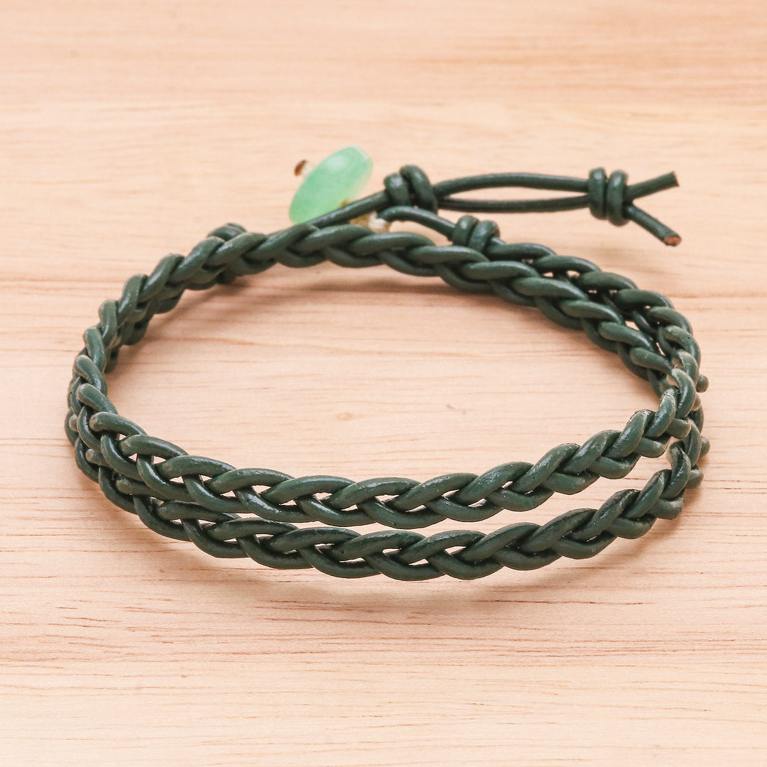 Braided Leather Wrap Bracelet with Quartz Button - Genuine Cool in Green