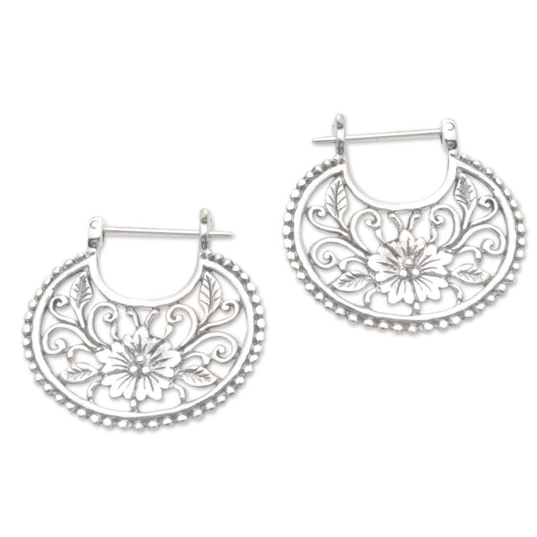 Balinese Sterling Silver Hoop Earrings - Floral Curves