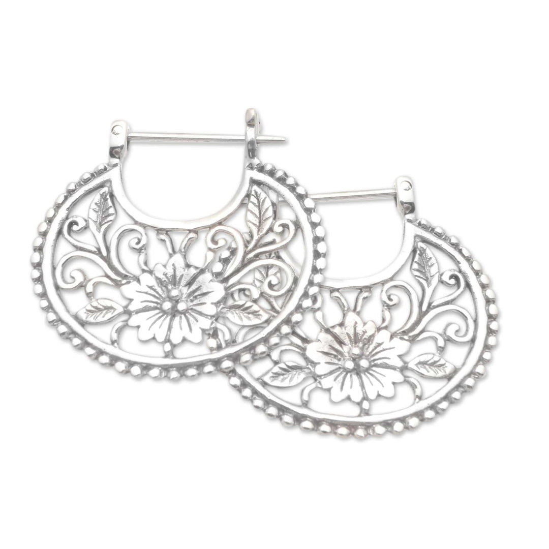 Balinese Sterling Silver Hoop Earrings - Floral Curves