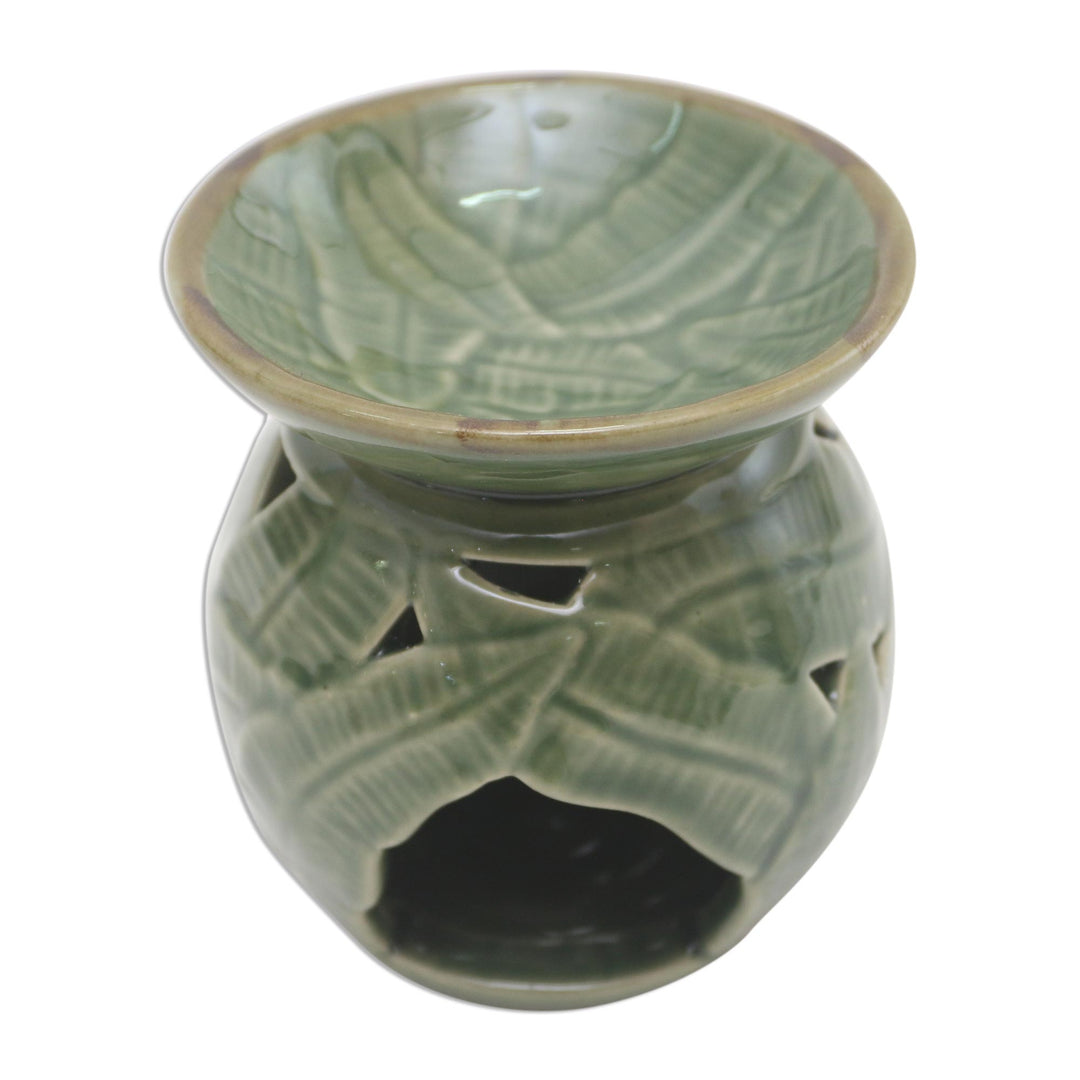 Tropical Theme Green Ceramic Oil Warmer from Bali - Coconut Leaves