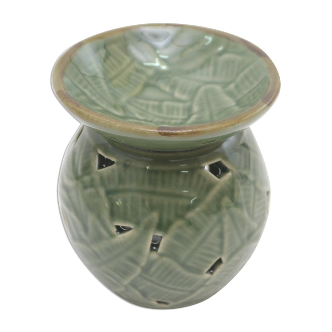 Tropical Theme Green Ceramic Oil Warmer from Bali - Coconut Leaves