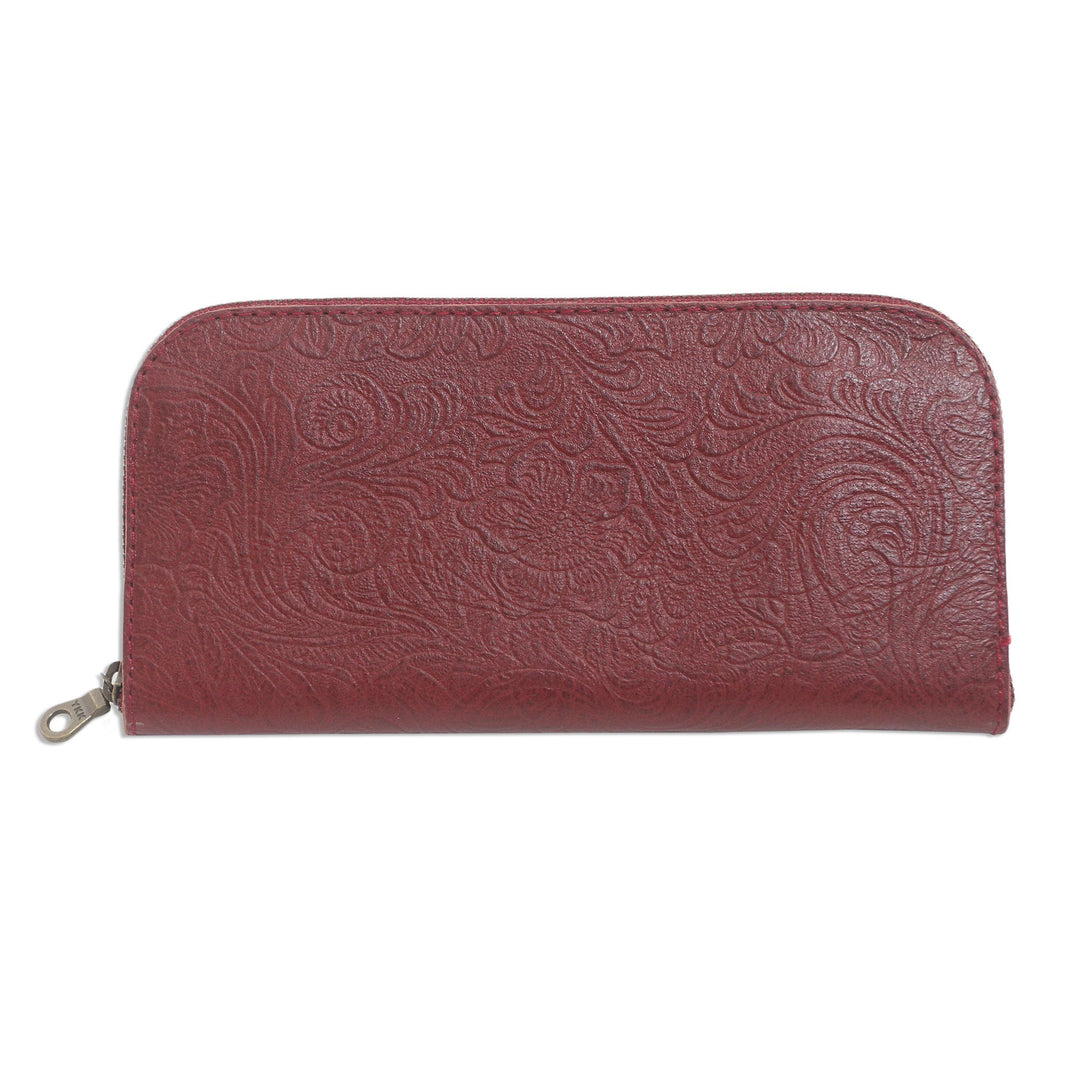 Red Leather Wallet Tooled with Floral Designs - Flowers of Ubud in Red
