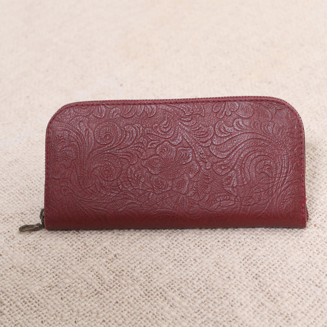 Red Leather Wallet Tooled with Floral Designs - Flowers of Ubud in Red