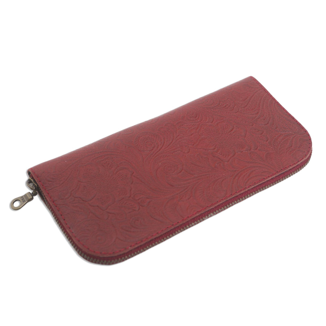 Red Leather Wallet Tooled with Floral Designs - Flowers of Ubud in Red