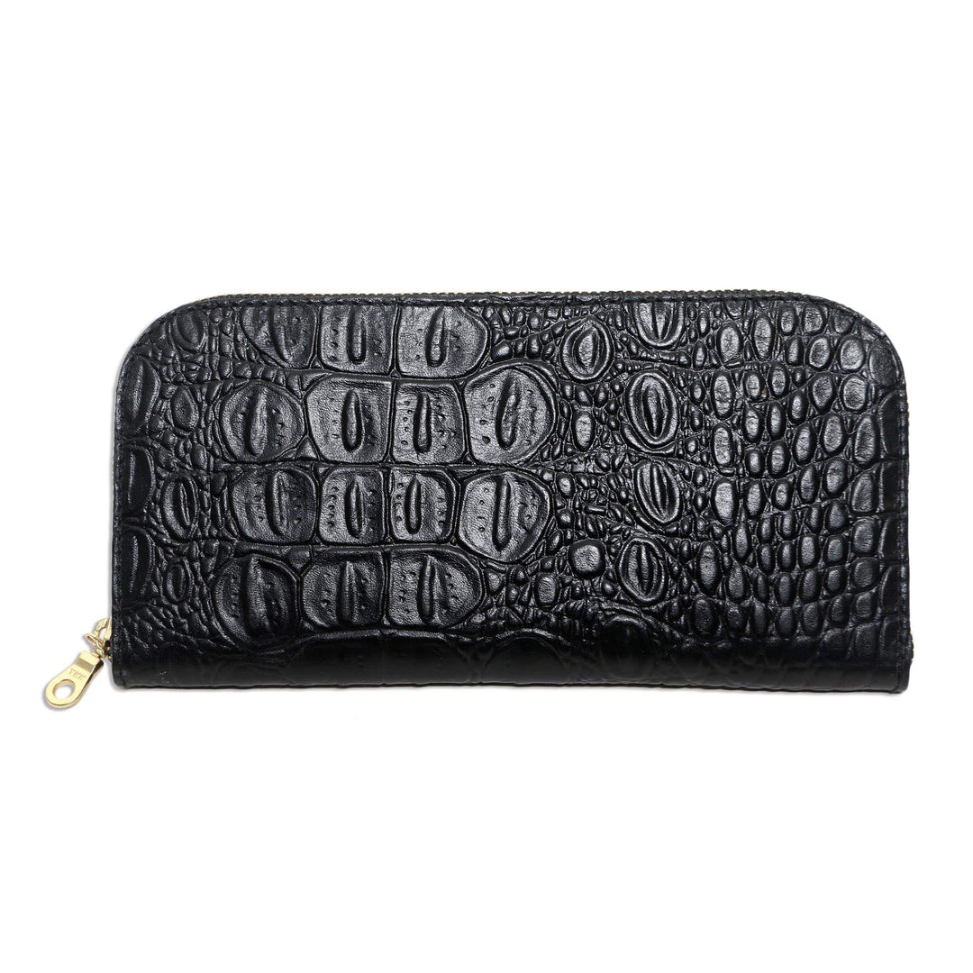 Croc Embossed Black Leather Wallet - Black Croc