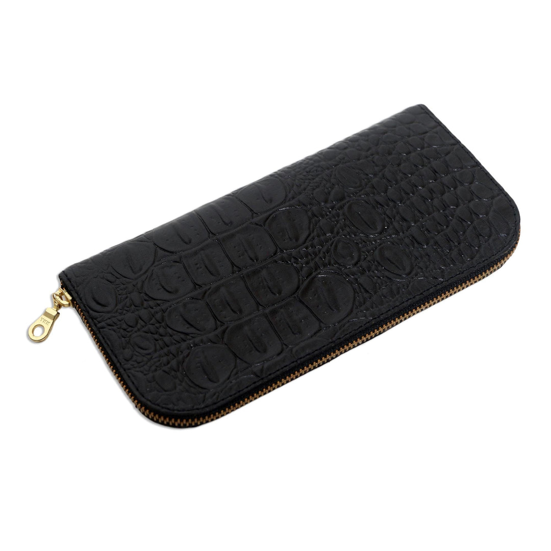 Croc Embossed Black Leather Wallet - Black Croc