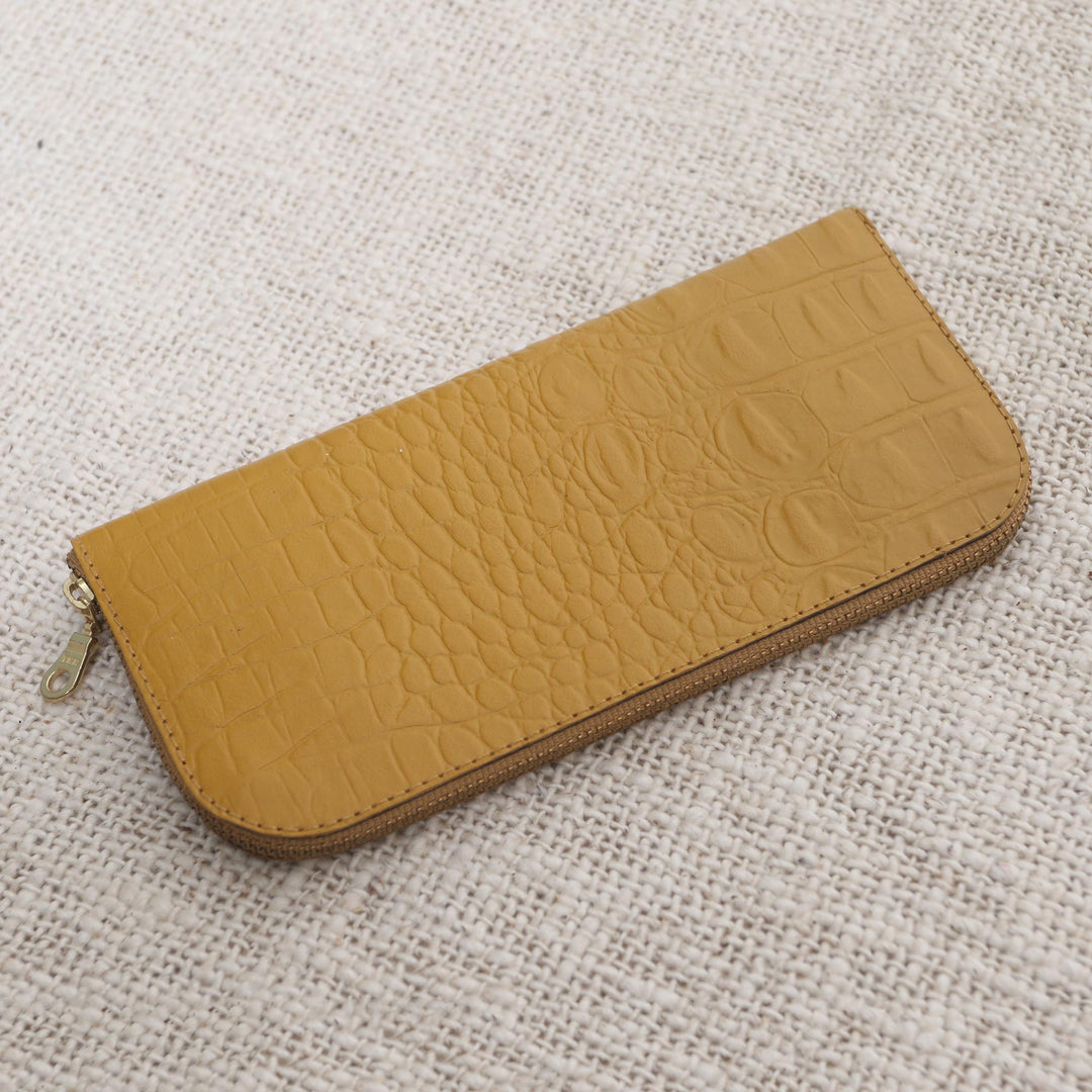 Yellow Leather Wallet with Crocodile Texture - Yellow Croc