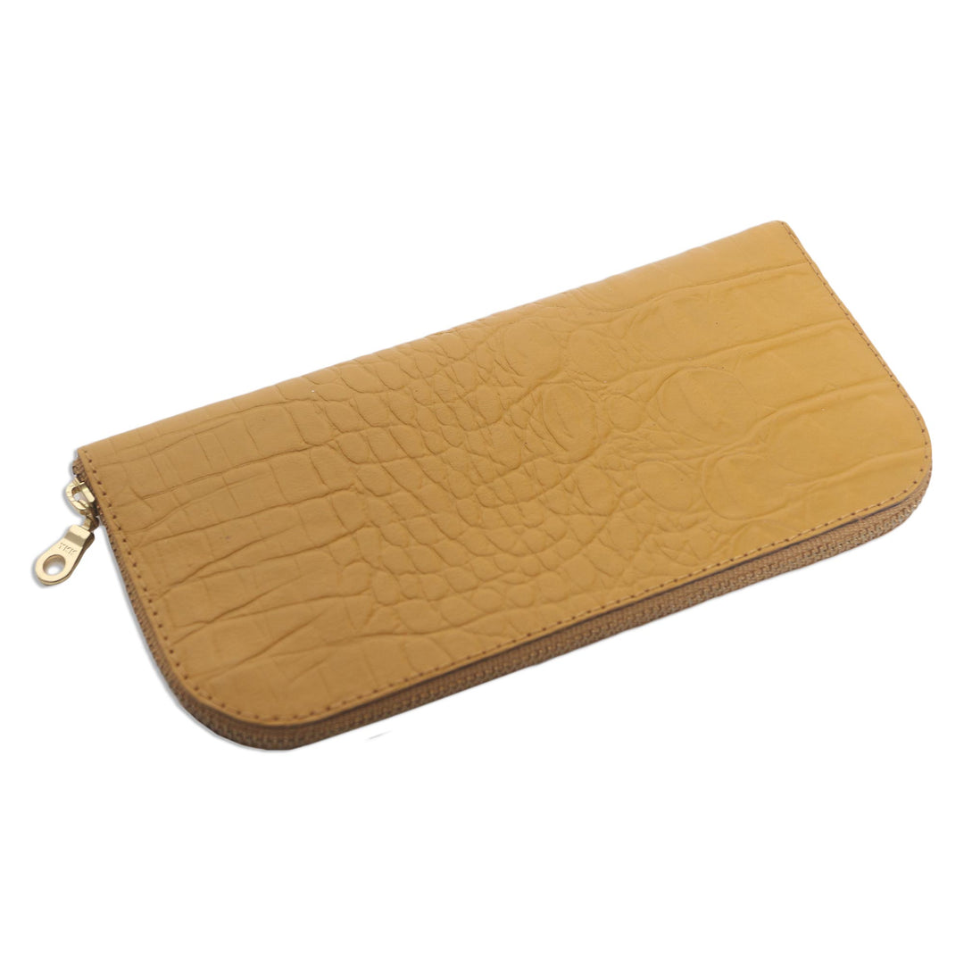Yellow Leather Wallet with Crocodile Texture - Yellow Croc