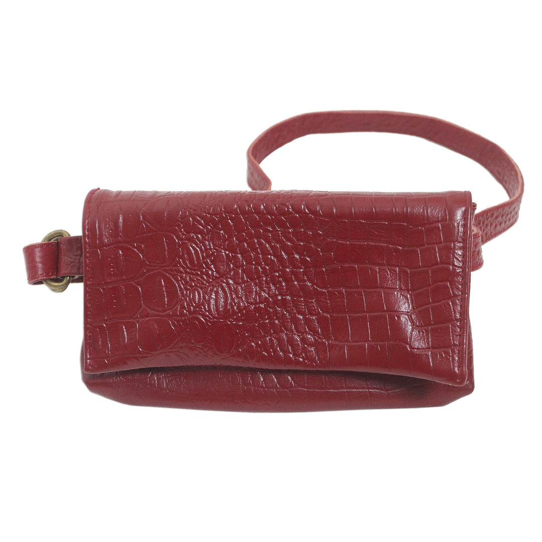 Hand Crafted Leather Crocodile Texture Waist Bag - Cool Carrier in Red Croco