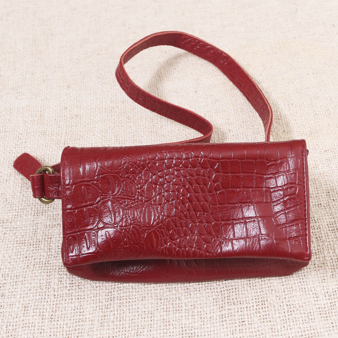 Hand Crafted Leather Crocodile Texture Waist Bag - Cool Carrier in Red Croco