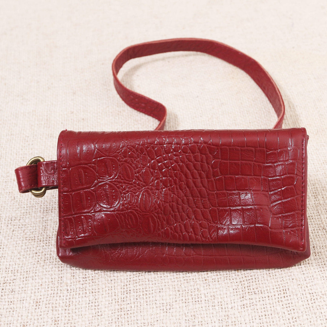 Hand Crafted Leather Crocodile Texture Waist Bag - Cool Carrier in Red Croco