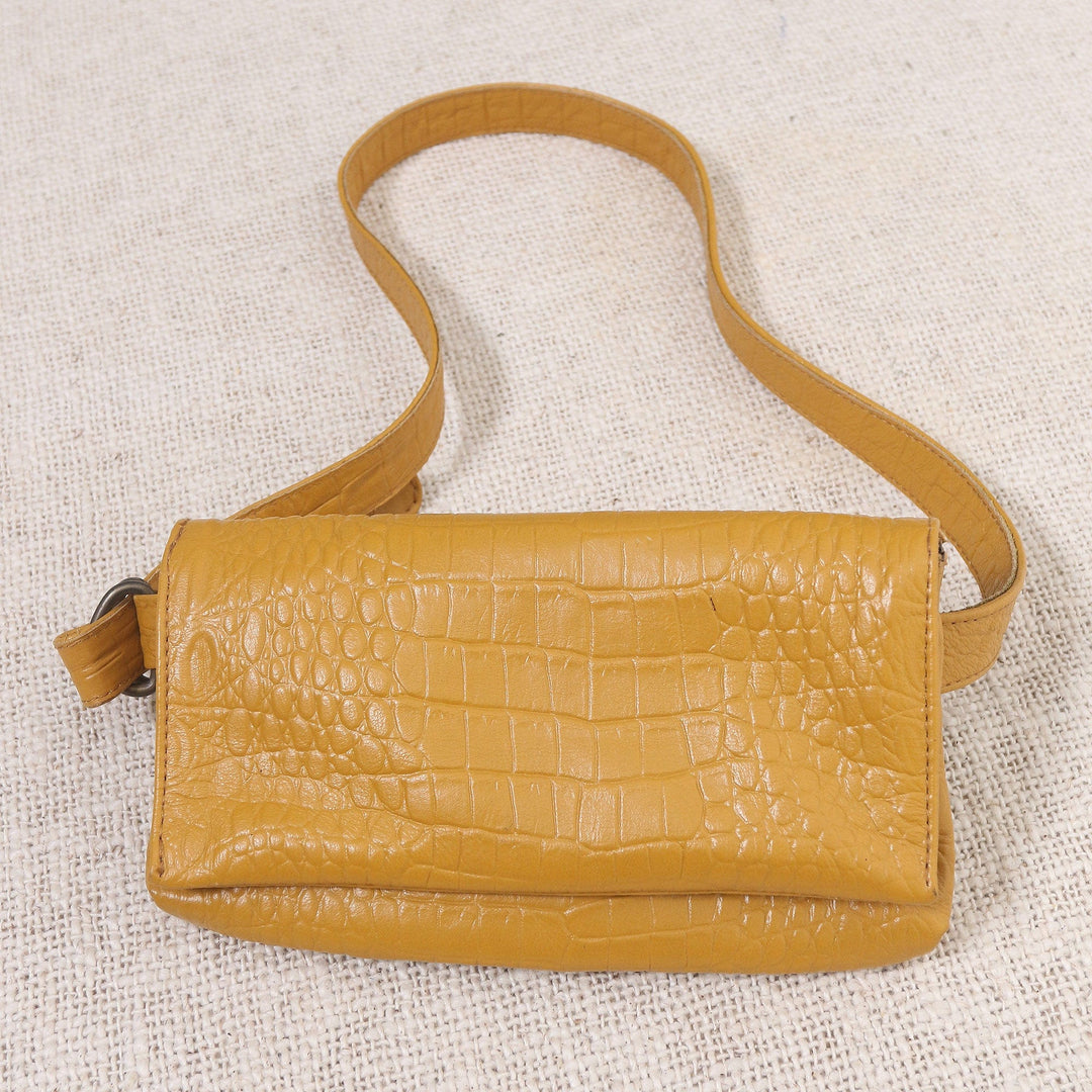 Artisan Made Leather Crocodile Texture Waist Bag - Cool Carrier in Ochre Croco