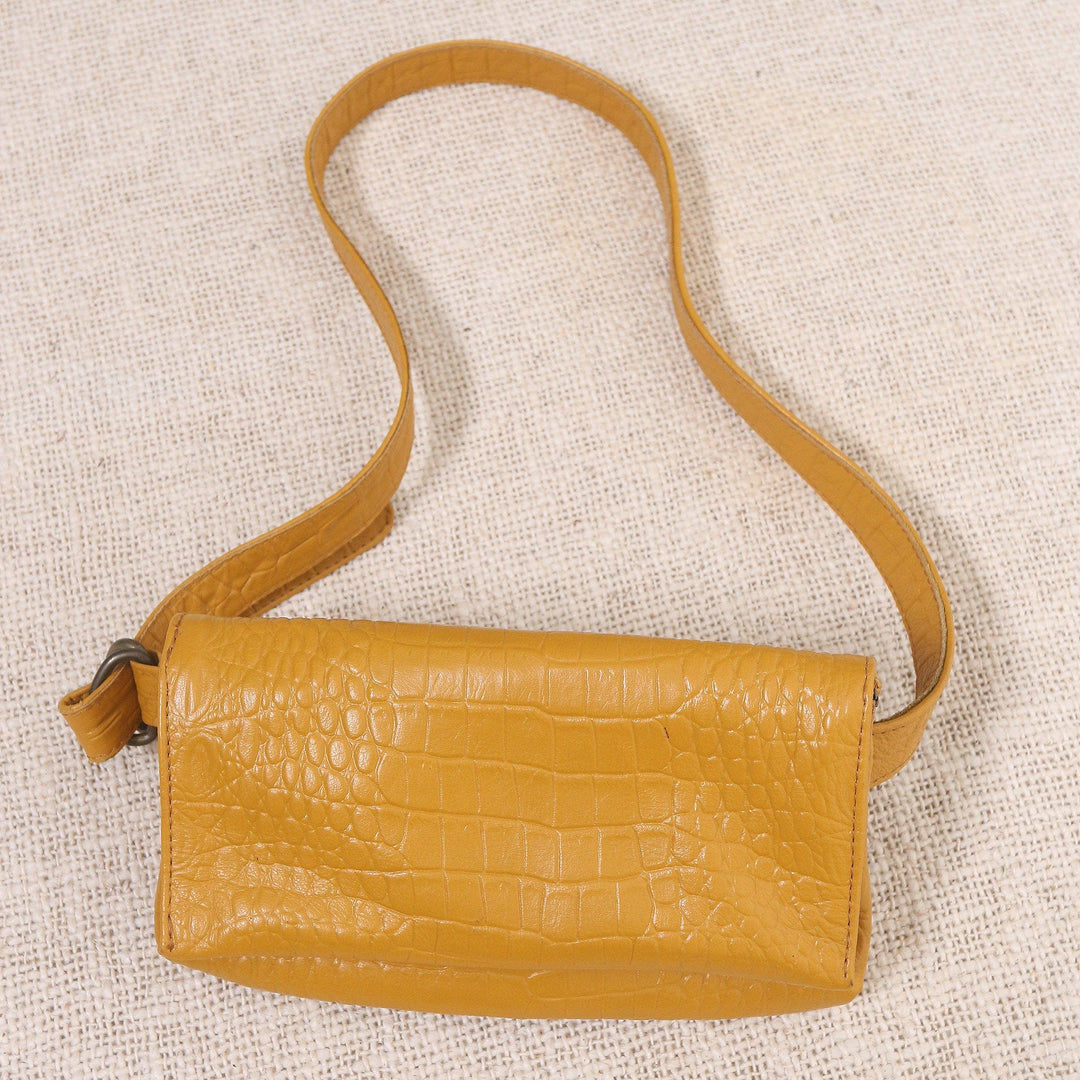 Artisan Made Leather Crocodile Texture Waist Bag - Cool Carrier in Ochre Croco