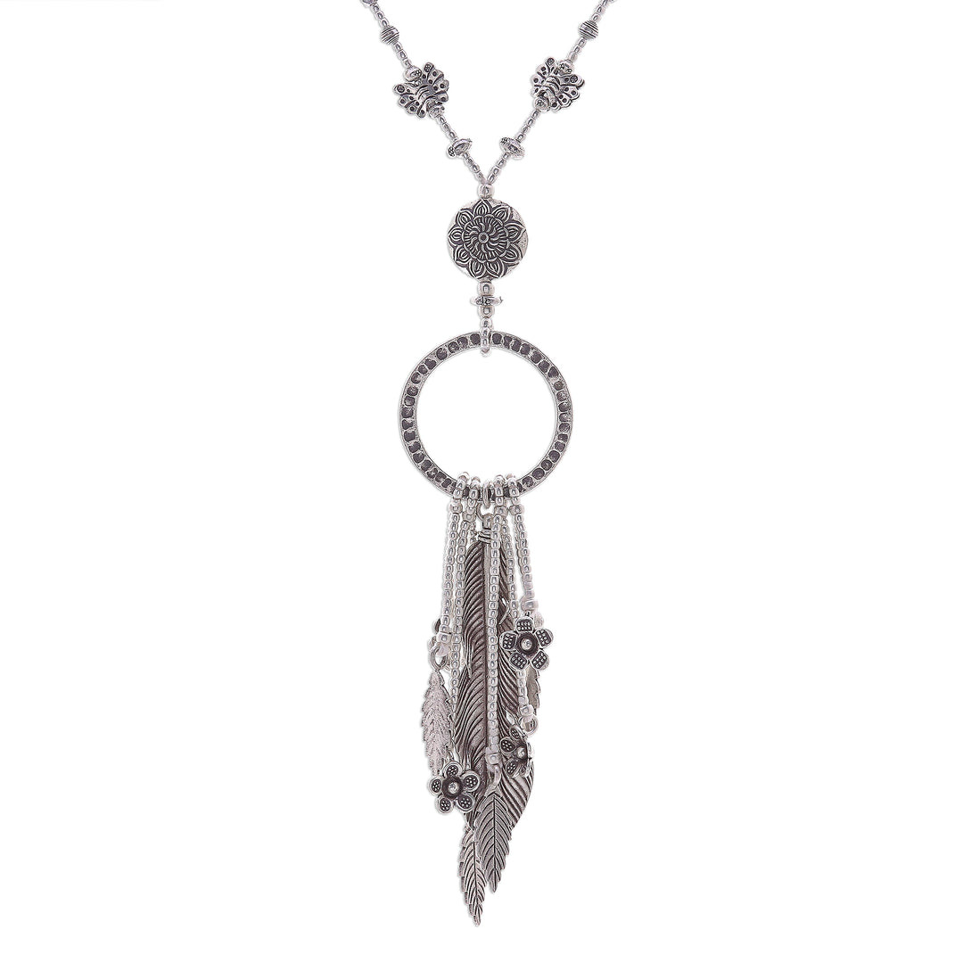 Feather and Flower 950 Silver Y-Necklace - Feather Ring