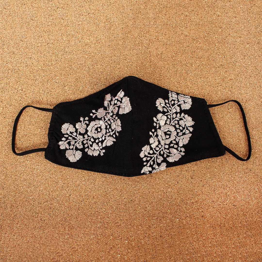 Black and Beige Floral Face Mask with 2 Layers - Flower Garden in Beige
