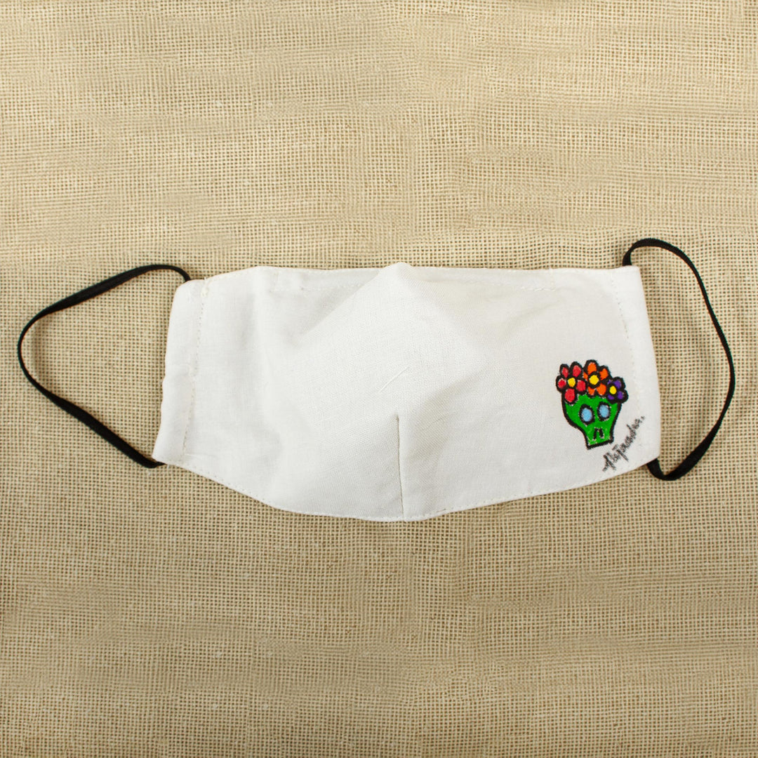 Hand-Painted Cotton 3-Layer Green Floral Skull Motif Mask - Little Green Skull