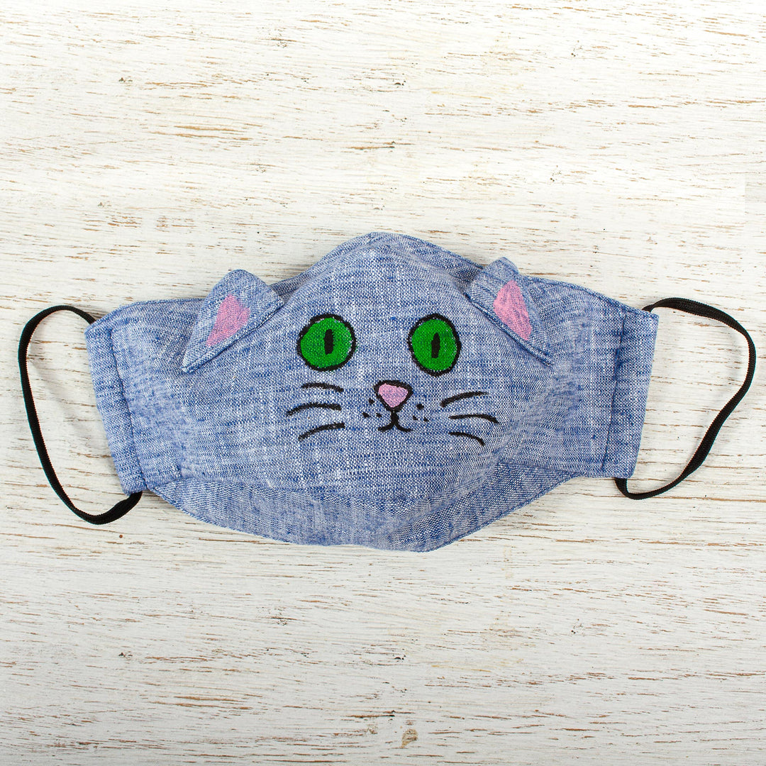Blue Cotton Chambray 3-Layer Ear Loop Cat Face Mask - Chambray Kitty Cat