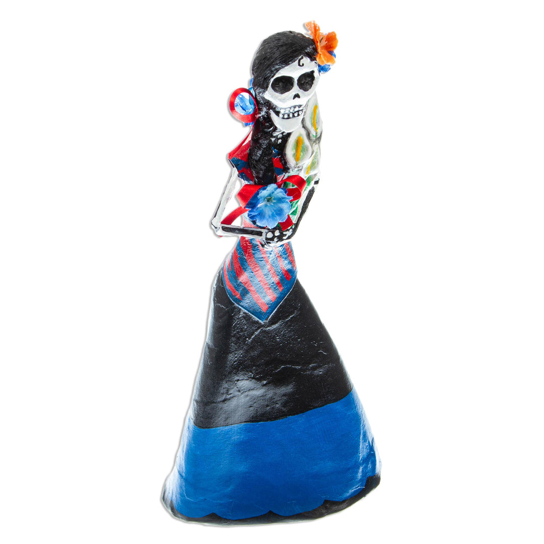 Mexican Skeletal Catrina Papier Mache Statuette - Catrina with Lilies