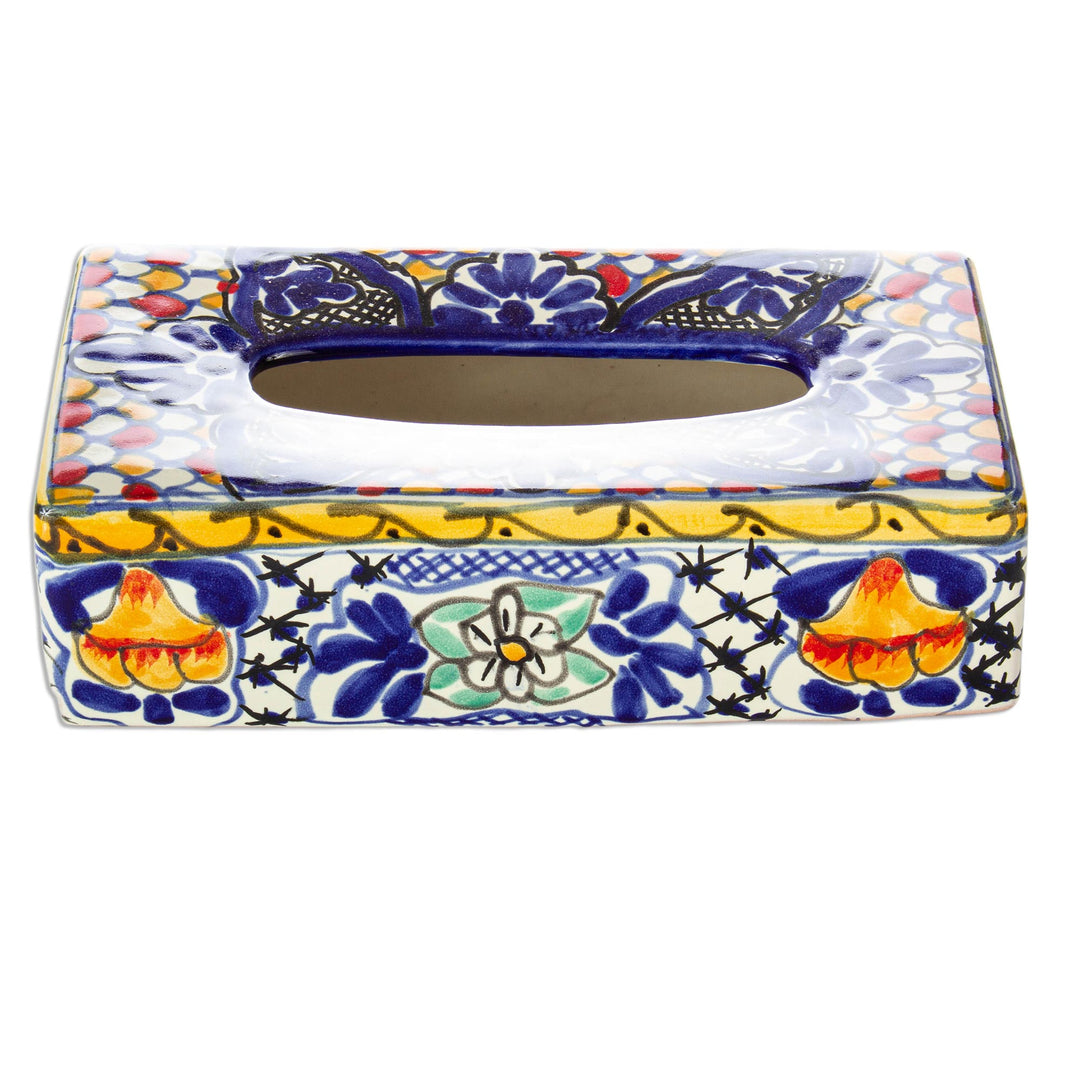 Colorful Ceramic Tissue Box Cover - Cobalt Flowers