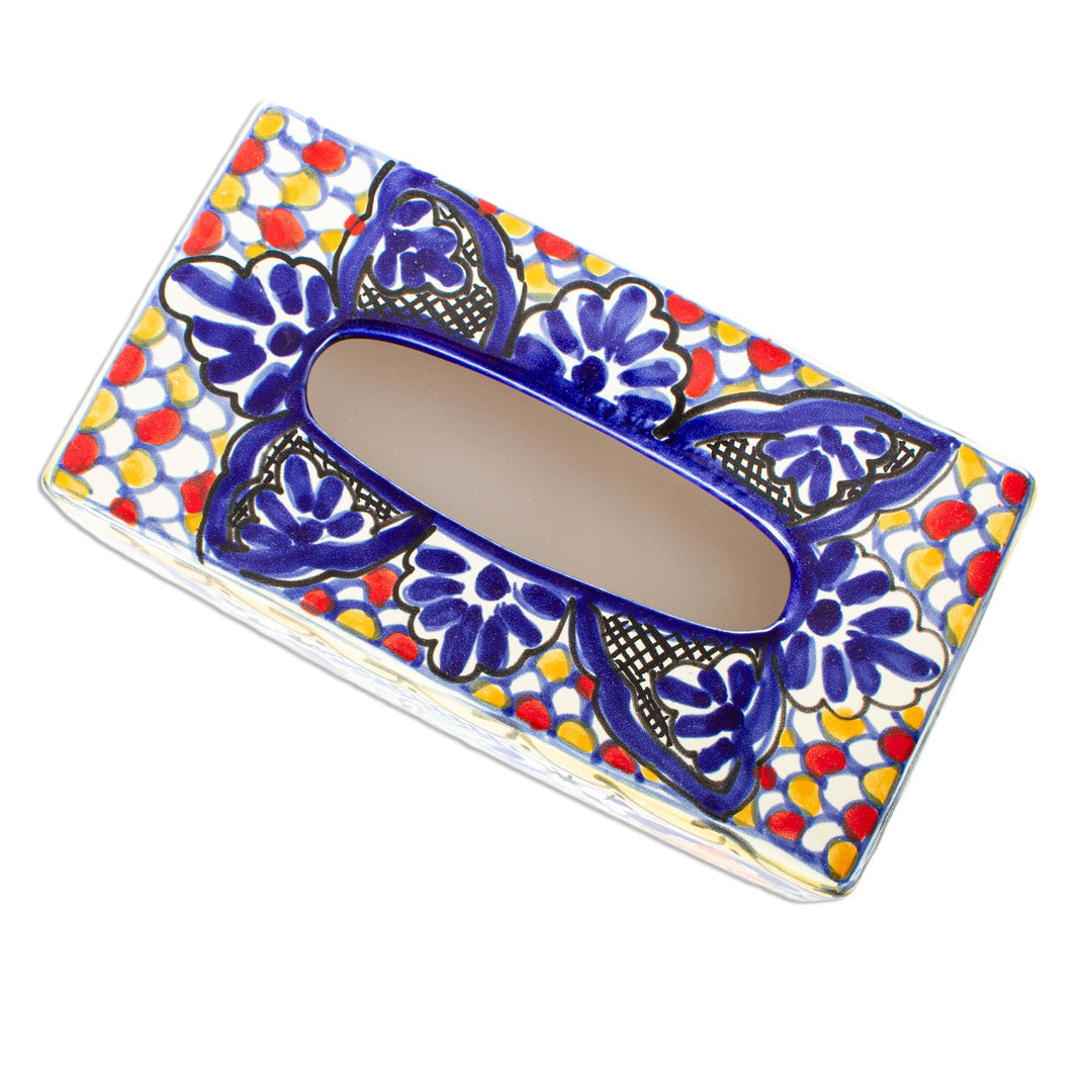 Colorful Ceramic Tissue Box Cover - Cobalt Flowers
