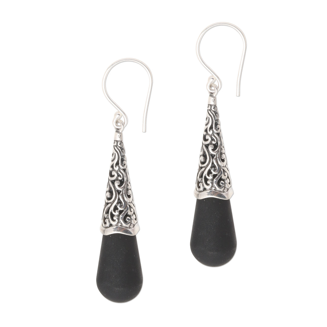 Sterling Silver Dangle Earrings with Black Lava Stone - Traditional Shadow