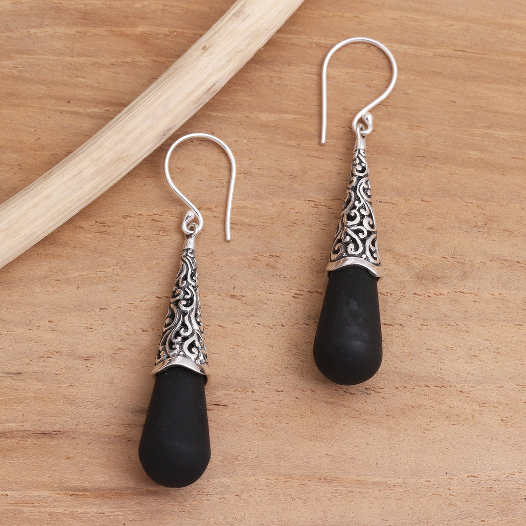 Sterling Silver Dangle Earrings with Black Lava Stone - Traditional Shadow