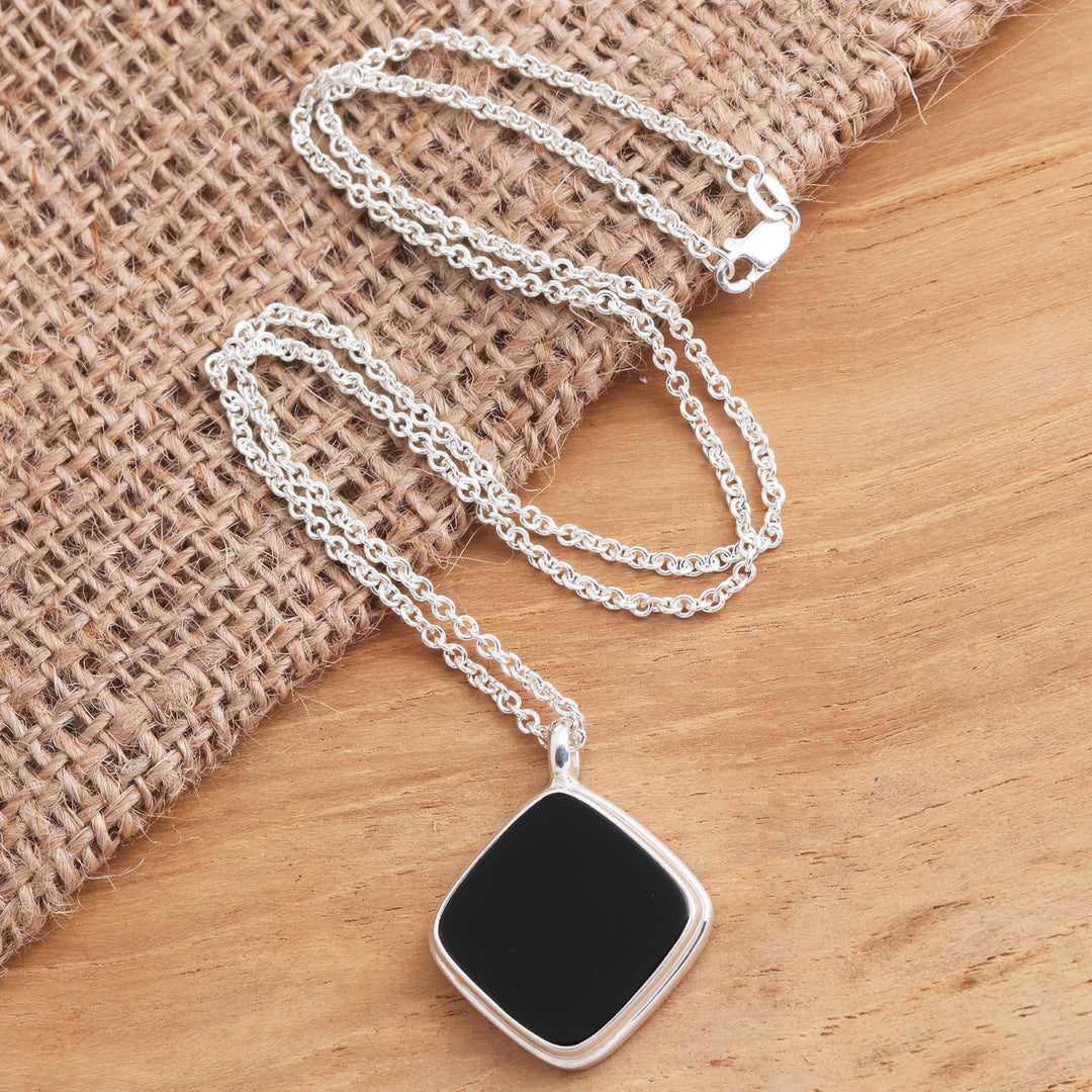 Sterling Silver Square Black Onyx Pendant Necklace - Diagonal Square