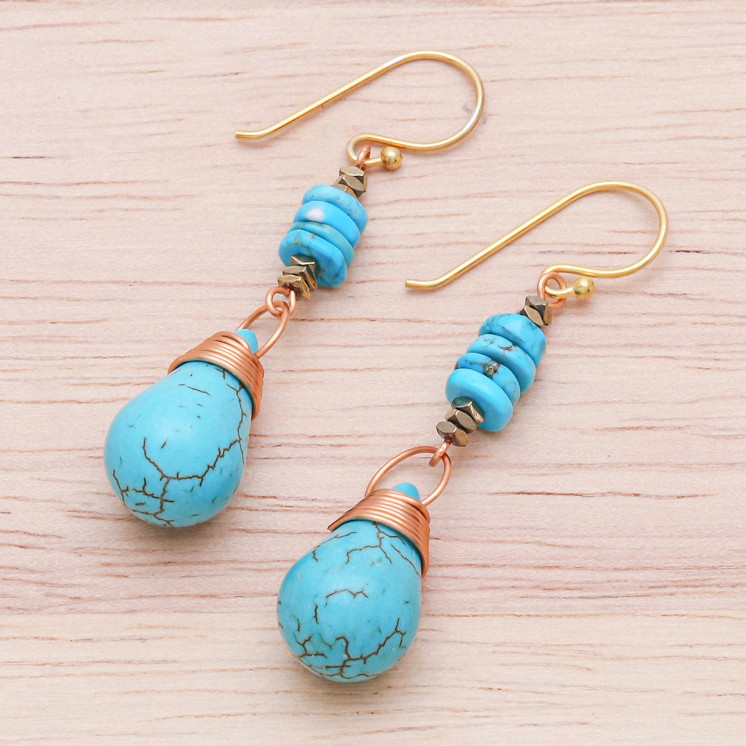 Howlite Pyrite Reconstituted Turquoise Dangle Earrings - Rainshower
