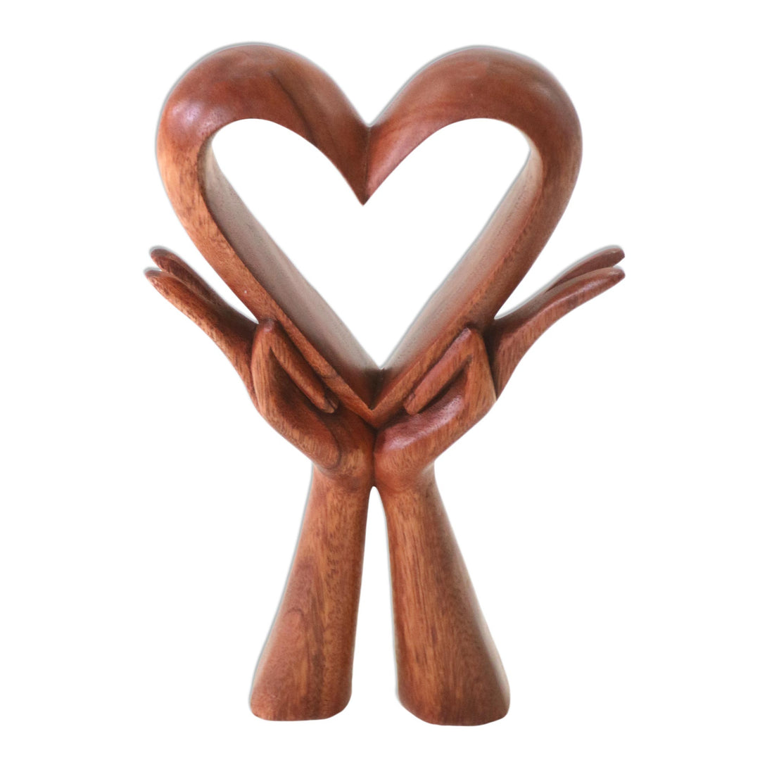 Signed Wood Sculpture of Heart in Hands - Giving Love