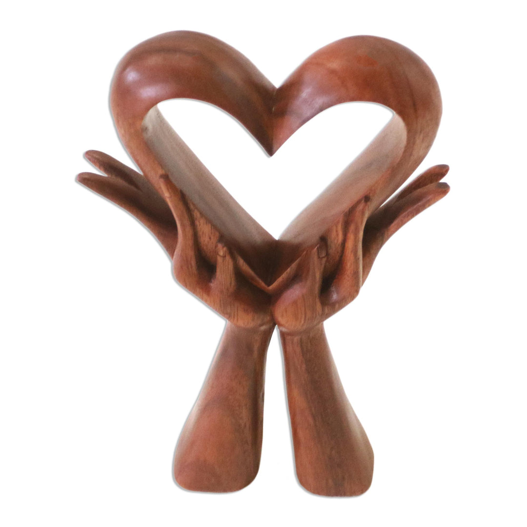Signed Wood Sculpture of Heart in Hands - Giving Love
