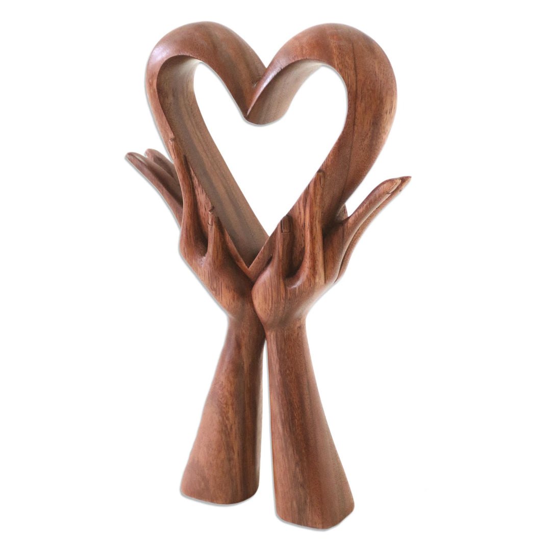 Signed Wood Sculpture of Heart in Hands - Giving Love