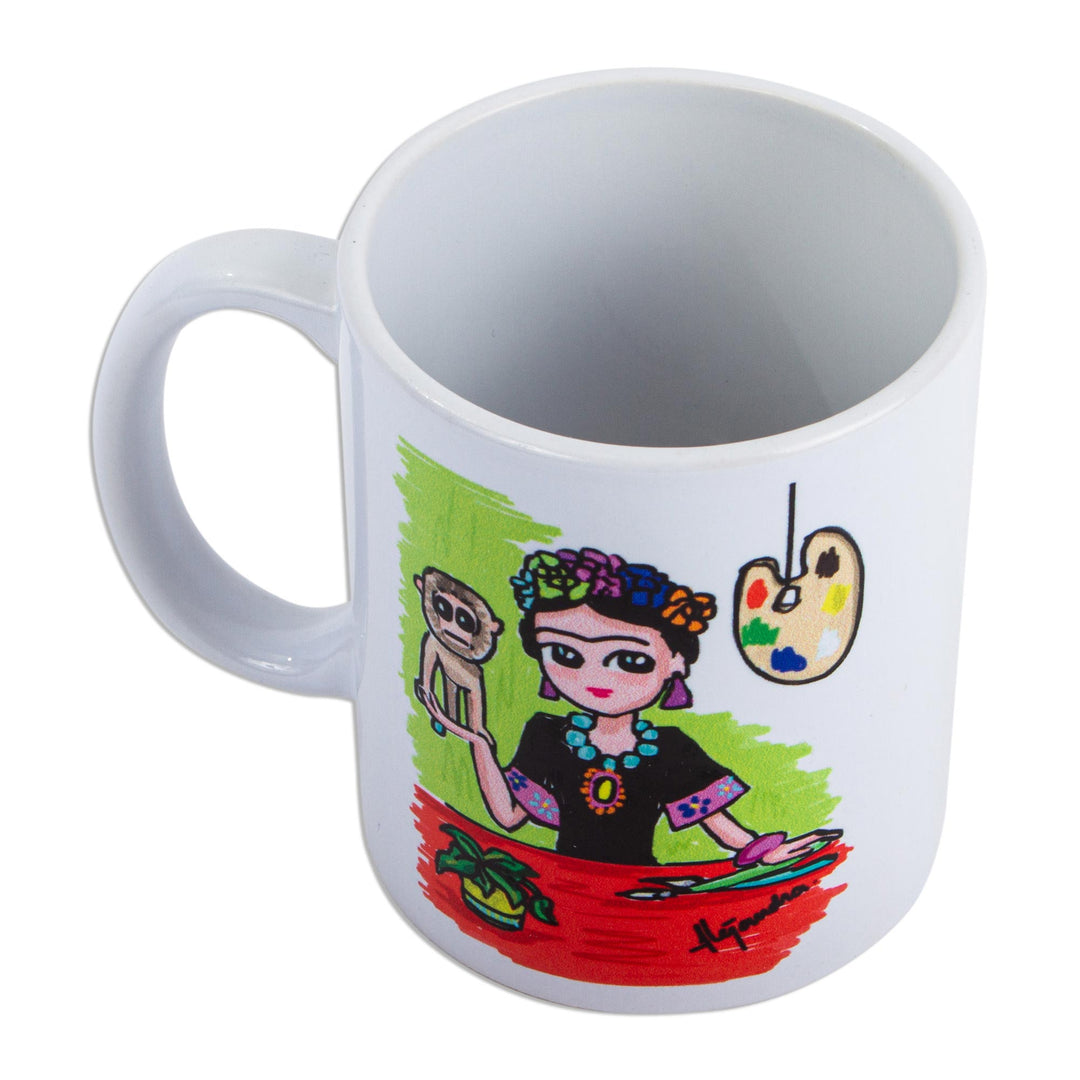 Multicolored Frida-Themed Art Print Mug - Frida with Monkey