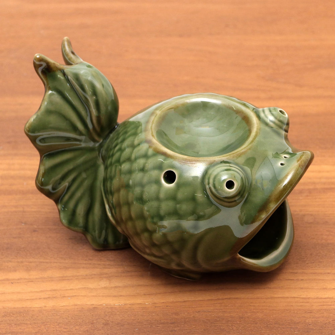 Green Ceramic Koi Fish Oil Warmer - Wide-Eyed Koi