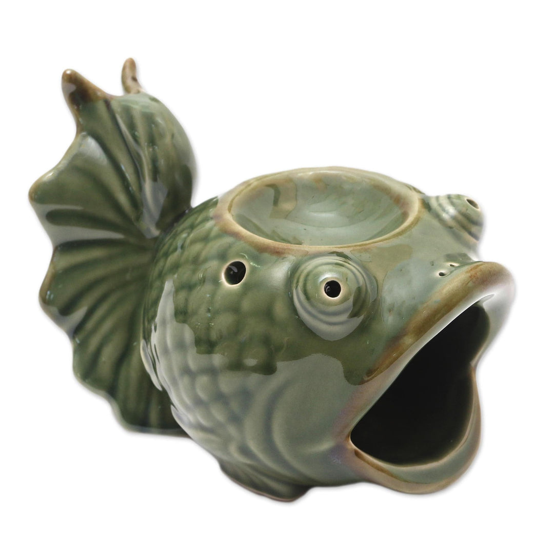 Green Ceramic Koi Fish Oil Warmer - Wide-Eyed Koi