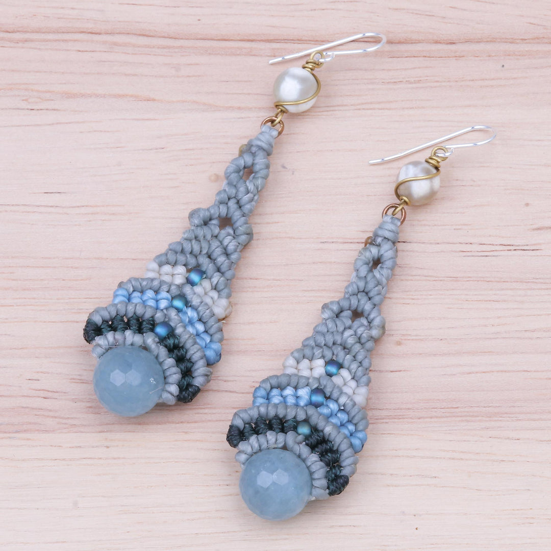 Quartz and Agate Macrame Beaded Dangle Earrings - Raindrop in Blue