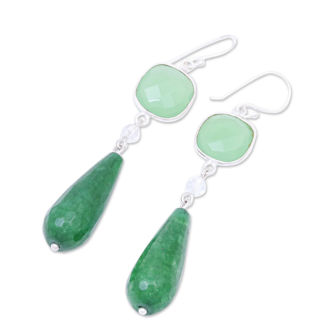 Green Chalcedony and Quartz Silver Dangle Earrings - Easy Being Green