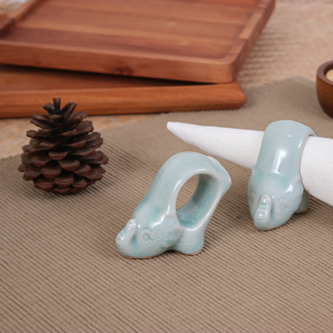 Elephant-Themed Blue Celadon Ceramic Napkin Rings (Pair) - Grand Blue Elegance